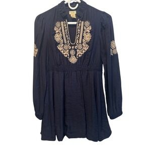 S Line Women Navy Blue Embroidered Bubble Hem Mini Dress Small Boho Festival